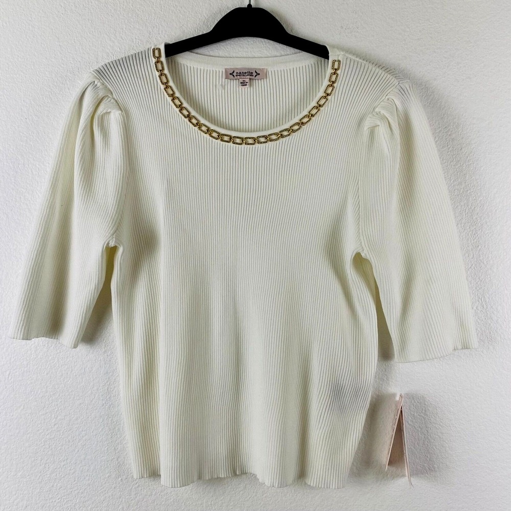 Nanette Lepore Top Size XL Cream Ribbed Short-Sleeve Top With Gold Chain-Trim